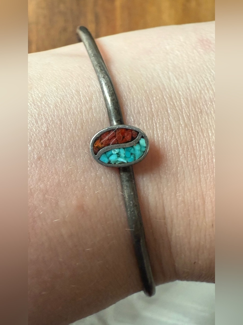 Vintage Crushed Turquoise Coral Inlay Dainty Thin Sterling Silver Cuff Bracelet